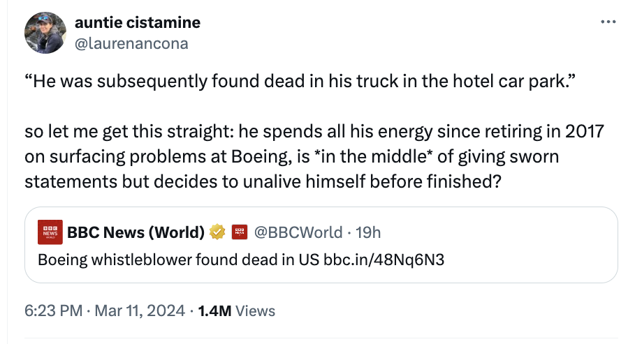 angle - auntie cistamine "He was subsequently found dead in his truck in the hotel car park." so let me get this straight he spends all his energy since retiring in 2017 on surfacing problems at Boeing, is in the middle of giving sworn statements but deci